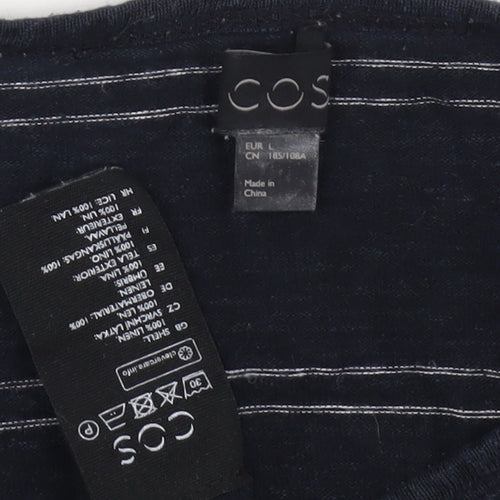 COS Men's Black Striped Linen T-Shirt, Size L, Round Neck