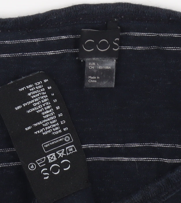 COS Men's Black Striped Linen T-Shirt, Size L, Round Neck