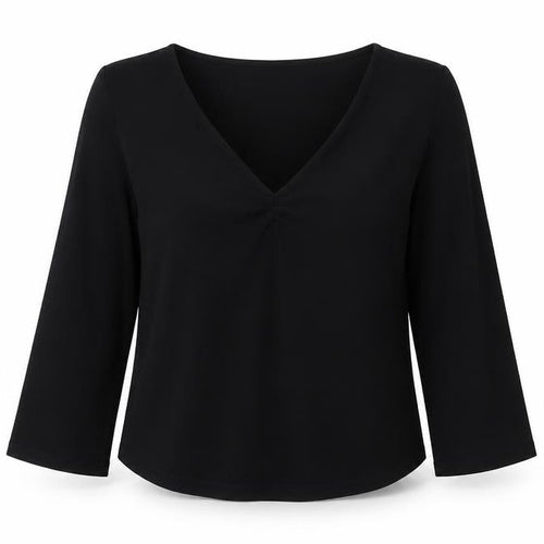 Kew Women's Black V-Neck 3/4 Sleeve Blouse XL
