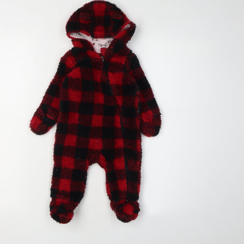 Canadiana Unisex Red Black Check Babygrow 0-3 Months Hooded Fleece