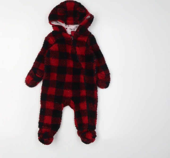 Canadiana Unisex Red Black Check Babygrow 0-3 Months Hooded Fleece