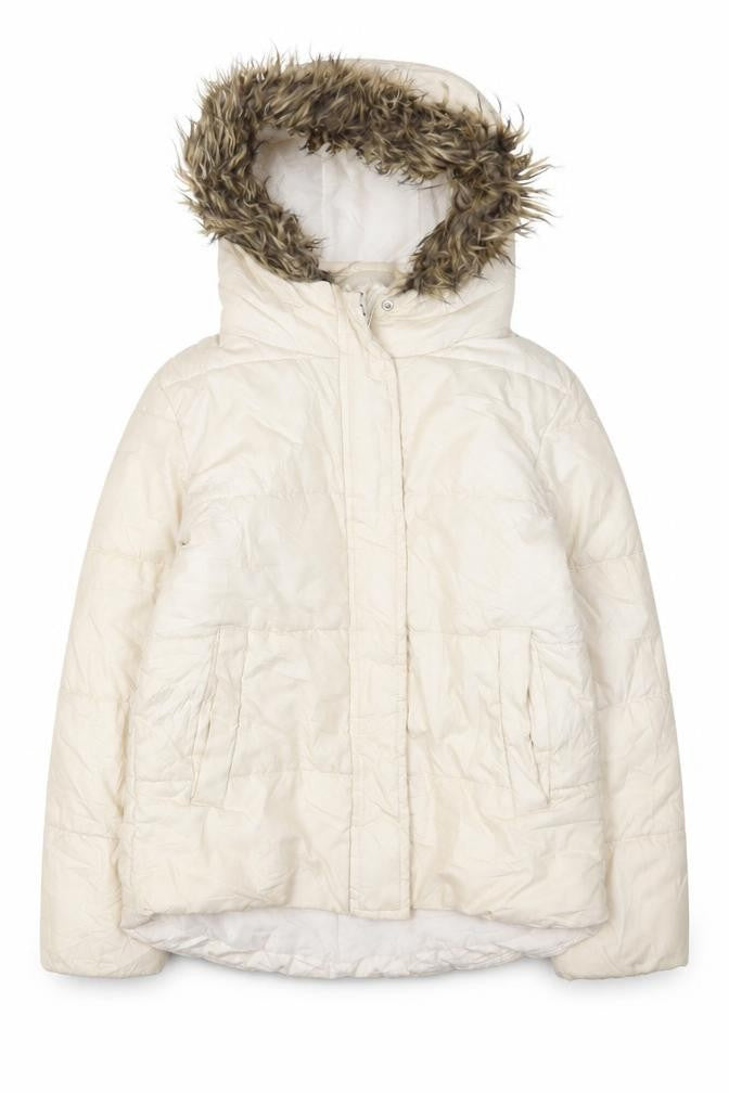 Front view of M&Co girls’ white hooded puffer jacket, size 7-8, years