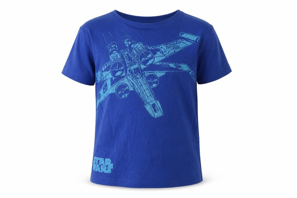 Front view of Next boys’ blue star wars t-shirt, size 7, graphic print, regular fit