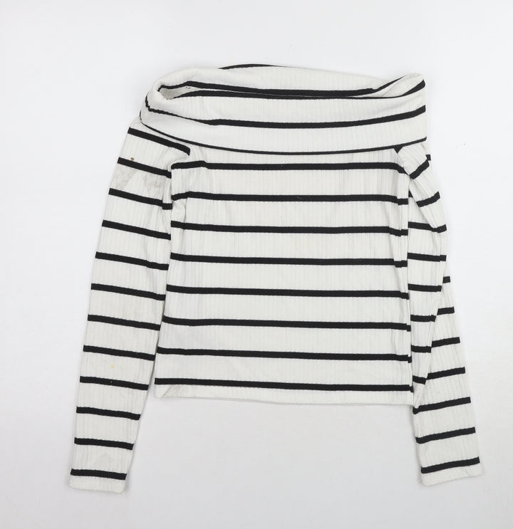 Stradivarius Women’s White Striped Off Shoulder Top Size 8