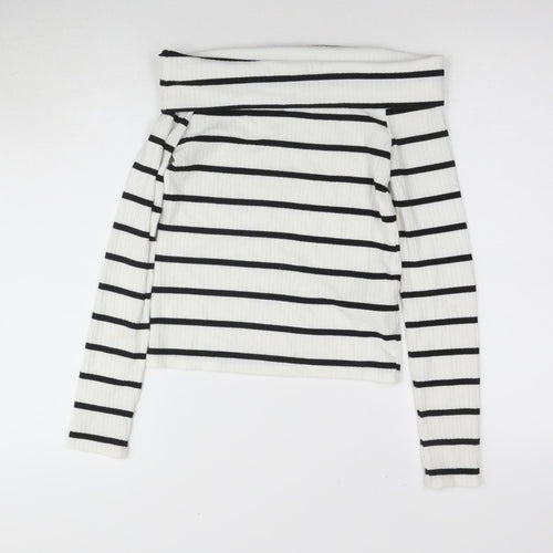 Stradivarius Women’s White Striped Off Shoulder Top Size 8