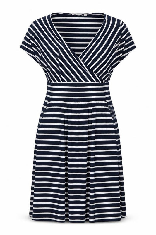 Front view of Lauren Women's Blue Striped A-Line Dress, size 10