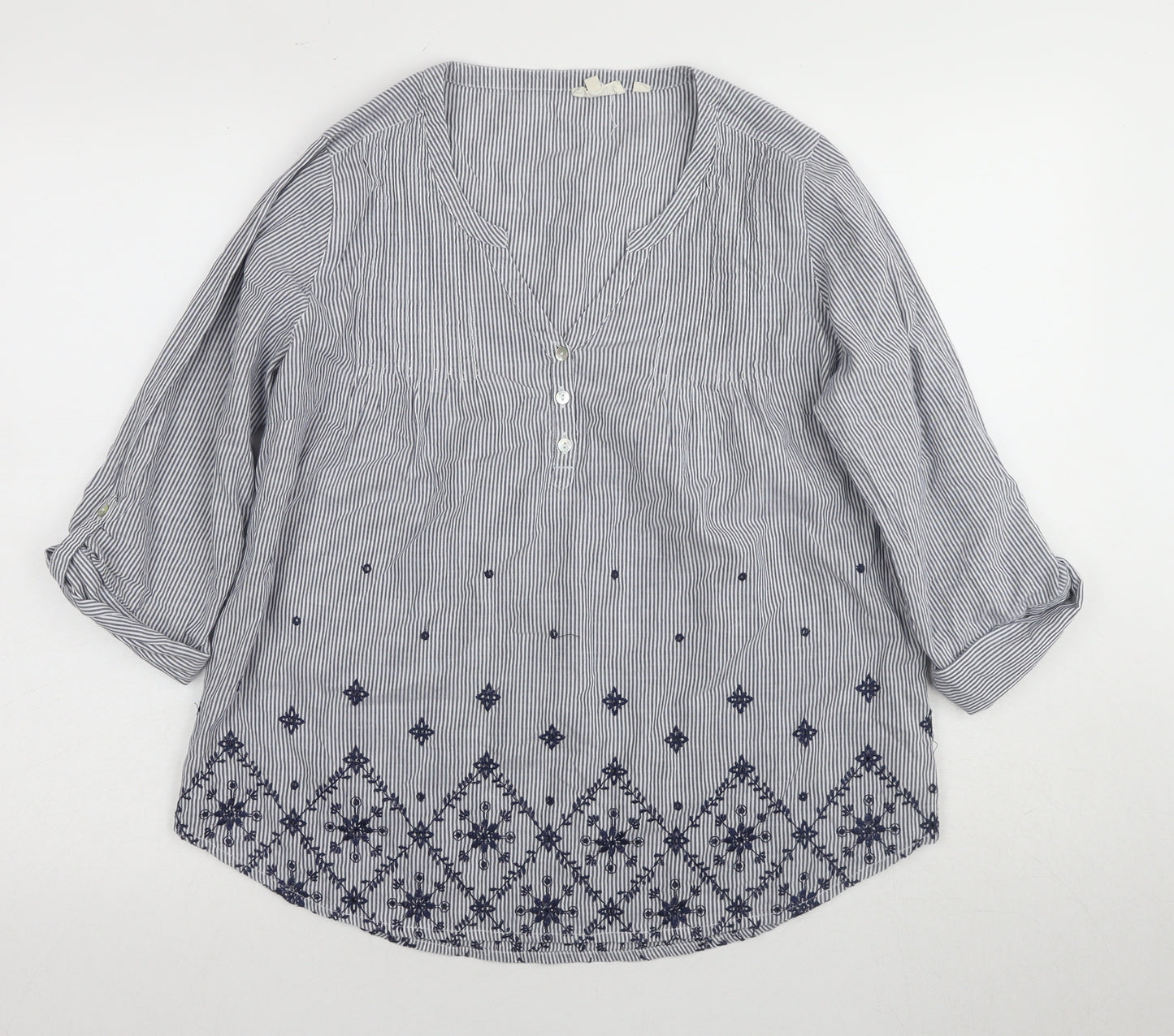 Fat Face Women's White Embroidered Blouse UK 14, V-Neck