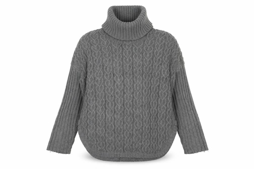 Front view of Aphorism Women's Grey Roll Neck Cable-Knit jumper M