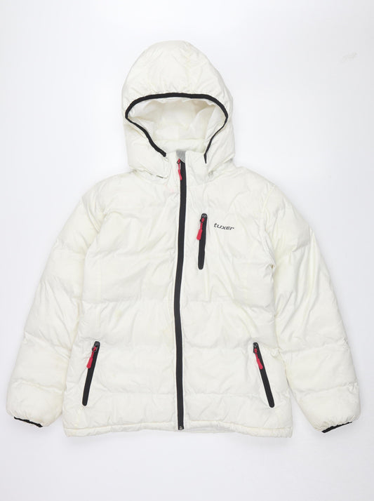 Tuxer Women's White Puffer Jacket - Size M, Hooded Winter Coat