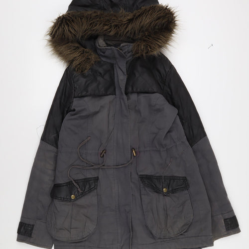 Mado Unisex Grey Parka Jacket Size 12 with Fur Trim