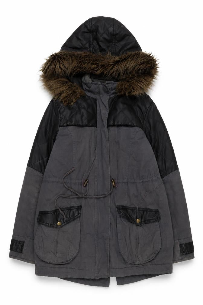 Front view of Mado unisex grey parka jacket, size 12, with fur trim