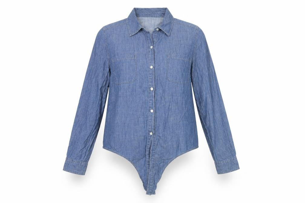 Front view of Style & Co Women's Blue Chambray Button-Up Shirt L
