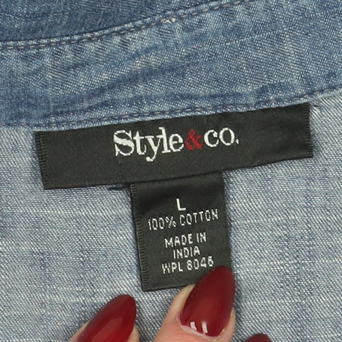 Style & Co Women's Blue Chambray Button-Up Shirt L