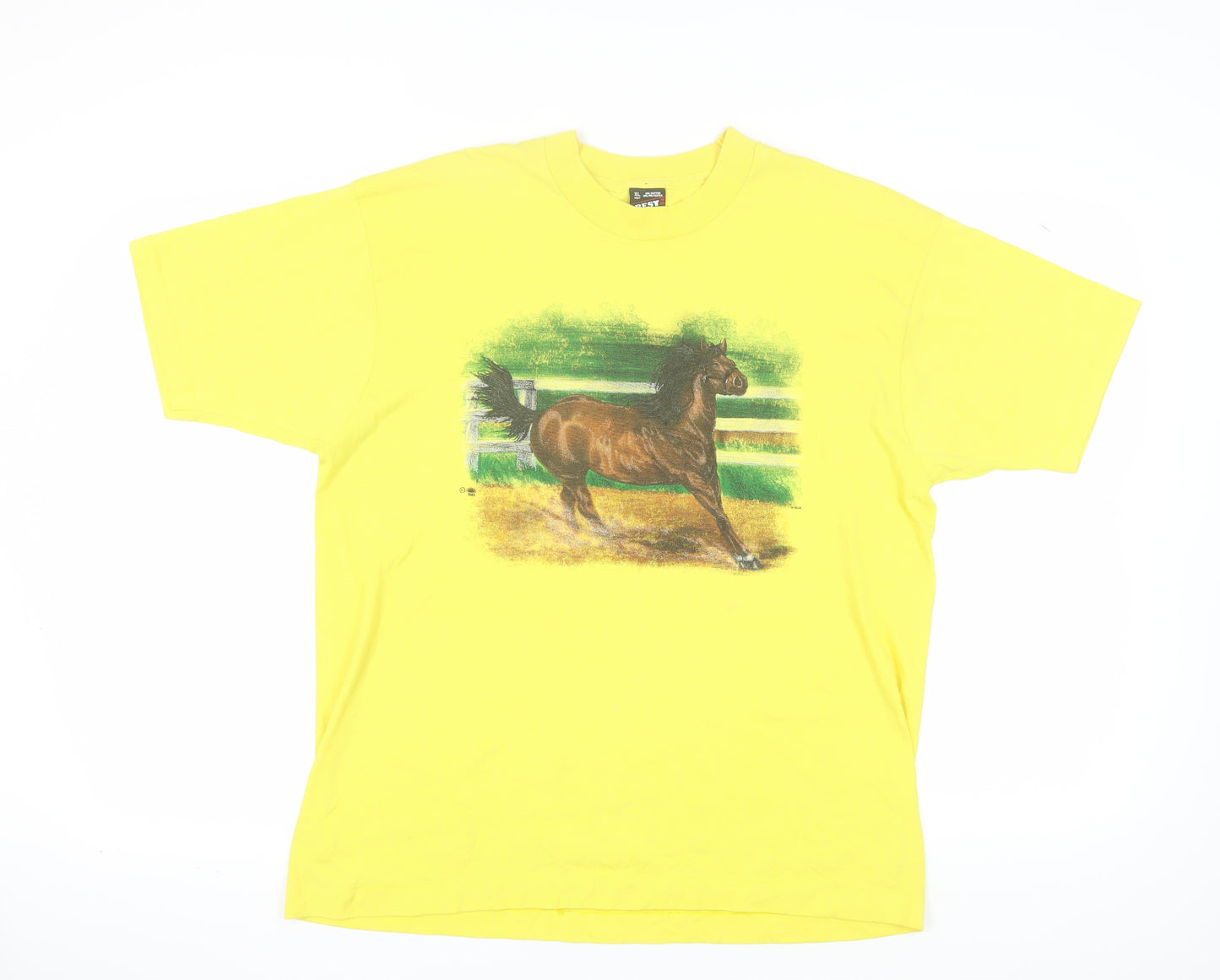 Fruit of the Loom Yellow XL Unisex Horse Print T-Shirt