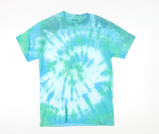 Gildan Men's Green Blue Tie Dye Cotton T-Shirt M