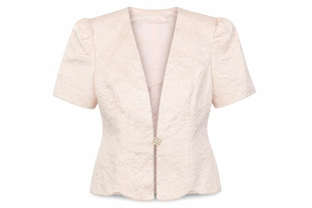 Front view of Karen Miller Women's Pink Paisley Suit Jacket, size 12