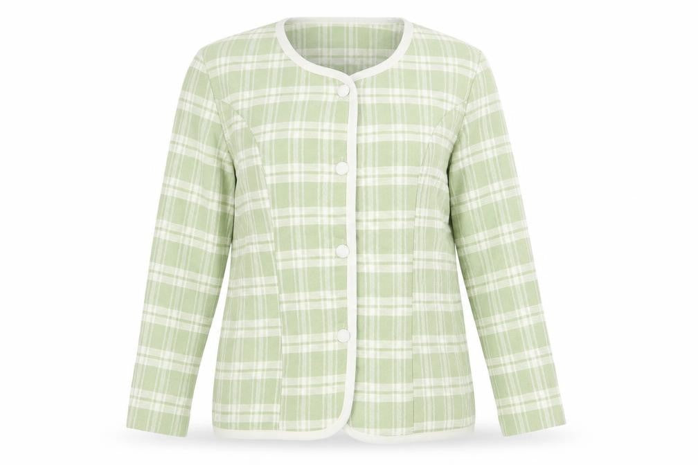 Front view of Allen Samo Women's Green Plaid Blazer, size 16