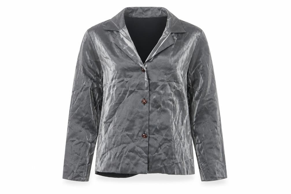 Front view of Nygard Women's Grey Satin Blouse, size 14
