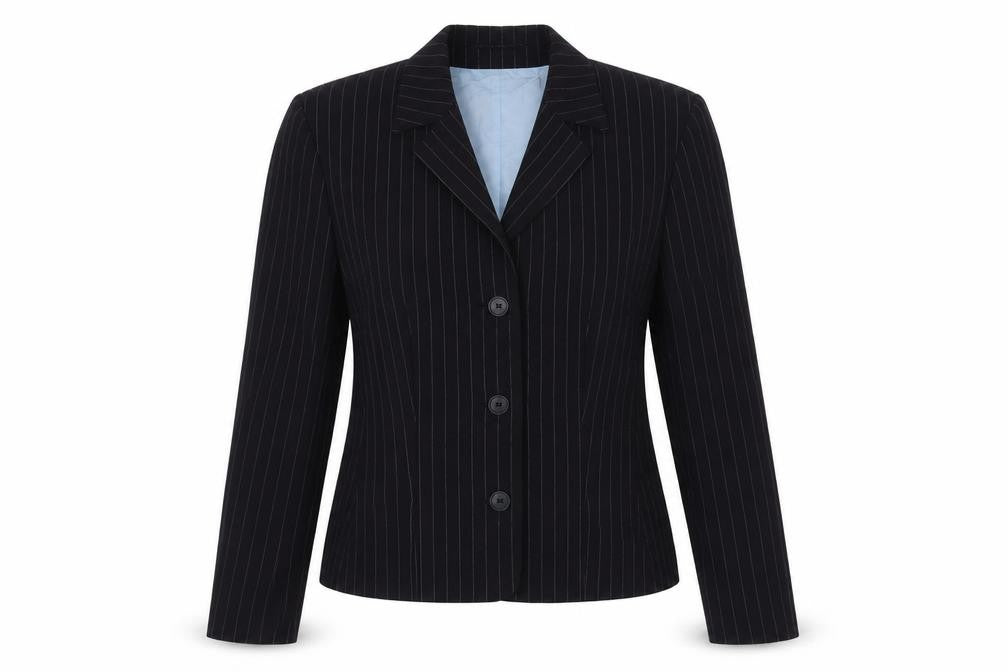 Front view of Joop! Women's Black Pinstripe Wool Suit Jacket, size 10