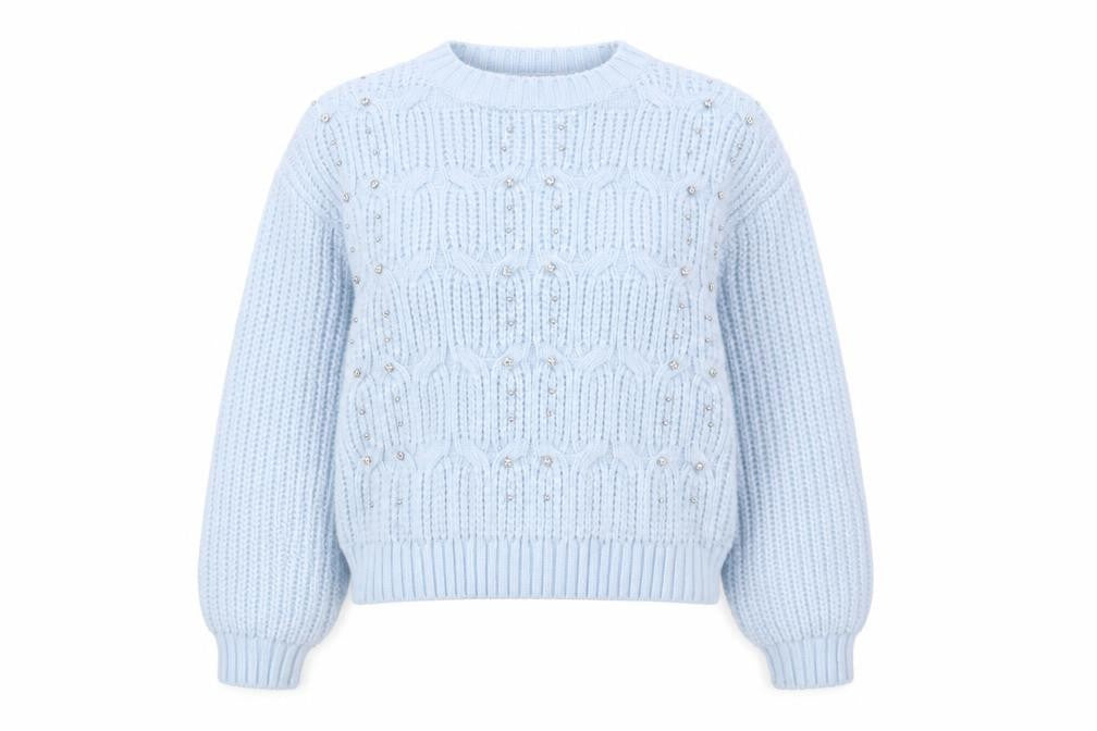 Front view of Quiz Women's Blue Beaded jumper, size S