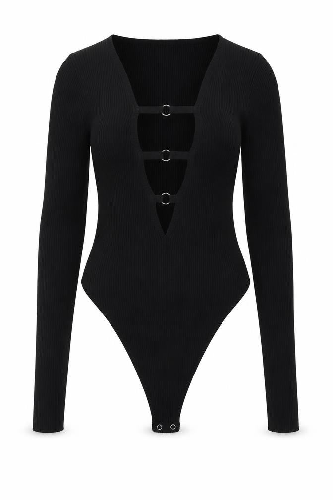 Front view of PRETTYLITTLETHING Black Bodysuit, Women, M, Casual Stretch