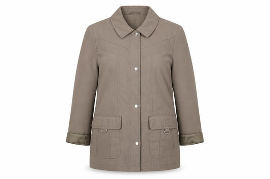 Front view of EWM Women's Brown Jacket, size 12, Collared Mid-Length