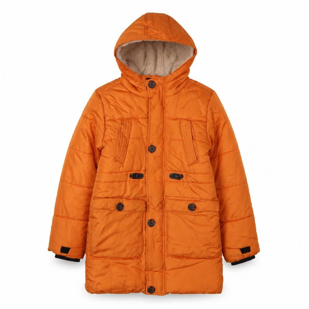 Front view of John Lewis boys’ orange puffer jacket, age 10, winter hooded