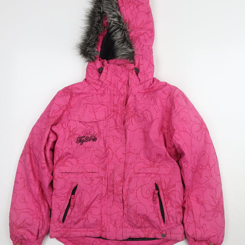 Tog24 Girls Pink Floral Puffer Jacket with Fur Trim