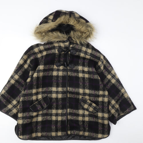 I Heart Next Women's Plaid Wool Hooded Cape, Size 12, Black/Beige