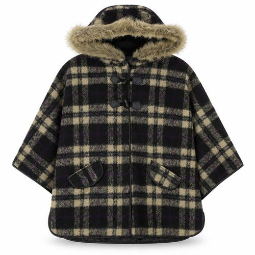I Heart Next Women's Plaid Wool Hooded Cape, Size 12, Black/Beige