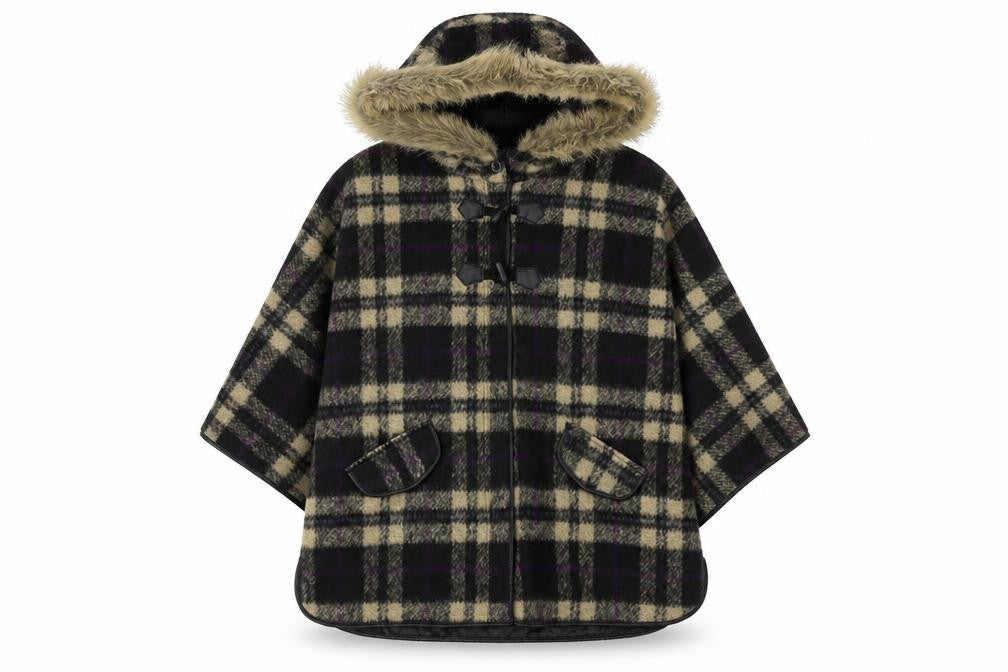 I Heart Next Women's Plaid Wool Hooded Cape, Size 12, Black/Beige