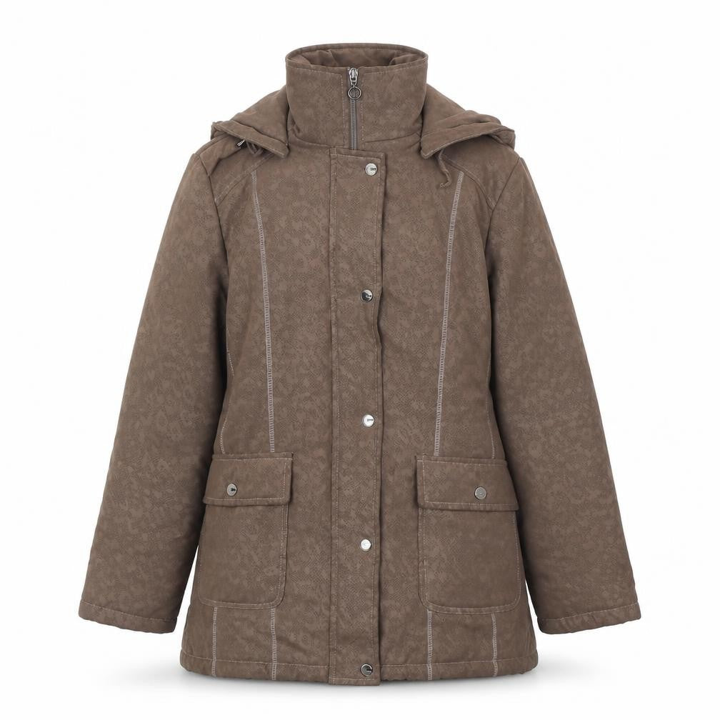 Front view of Vanessa Women's Brown Puffer Jacket, size 12, Hooded