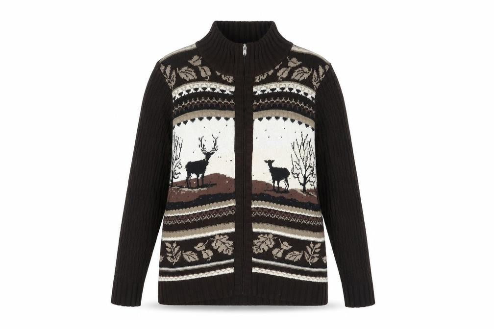 Front view of Parkhurst Women's Brown Animal Print Full Zip Jumper L