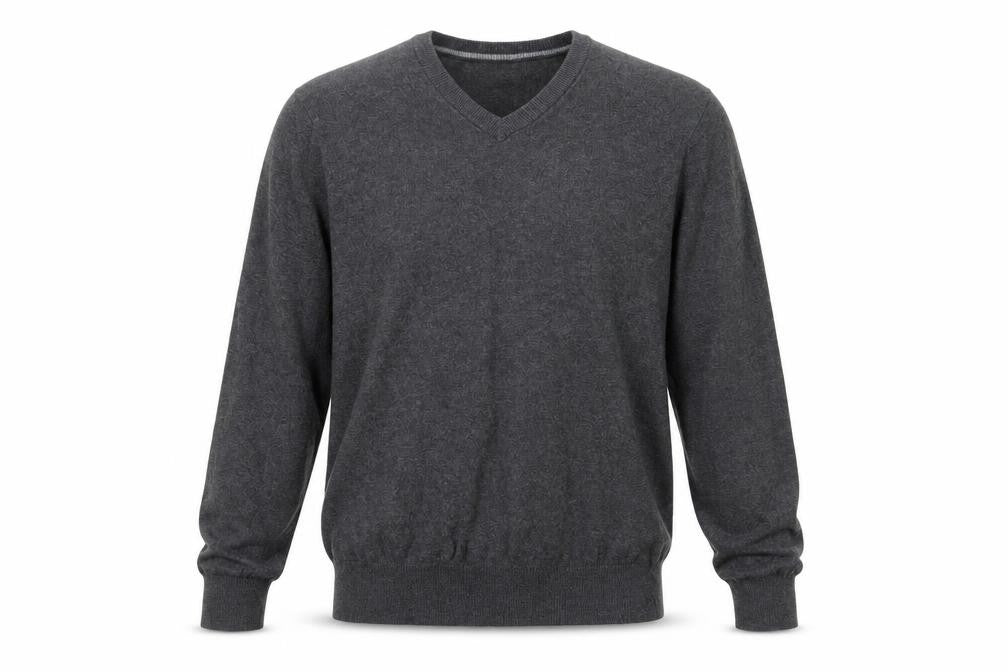 Front view of St John's Bay Men's Grey jumper, V-Neck, M