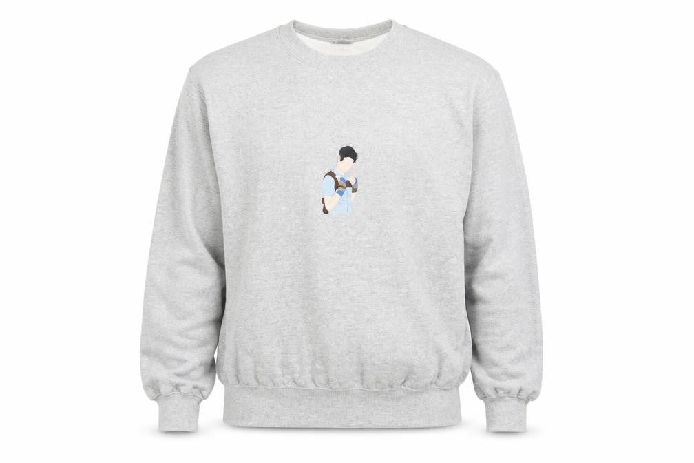 Front view of Gildan unisex grey graphic pullover sweatshirt s