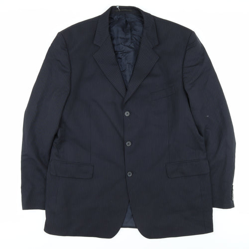 Men's Blue Wool Blend Suit Jacket 46L Striped