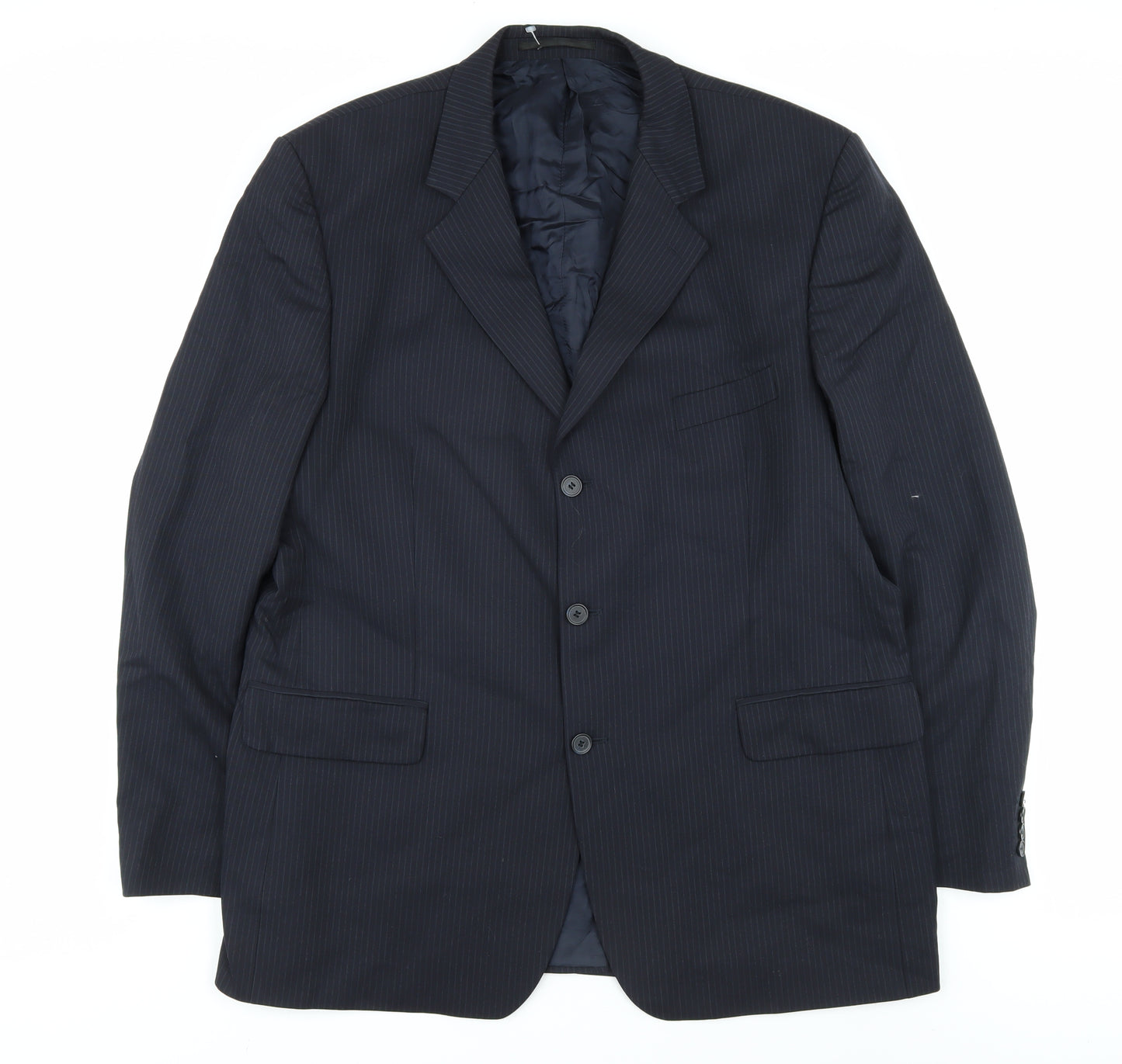Men's Blue Wool Blend Suit Jacket 46L Striped