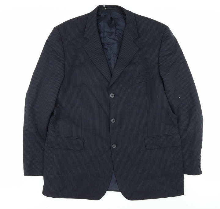 Men's Blue Wool Blend Suit Jacket 46L Striped