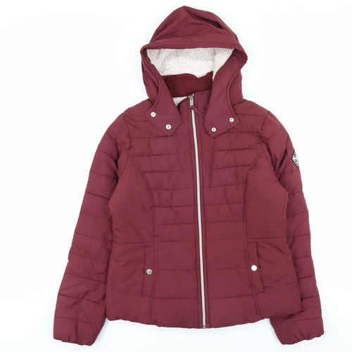 Hollister Women's Red Puffer Jacket L Hooded Lined