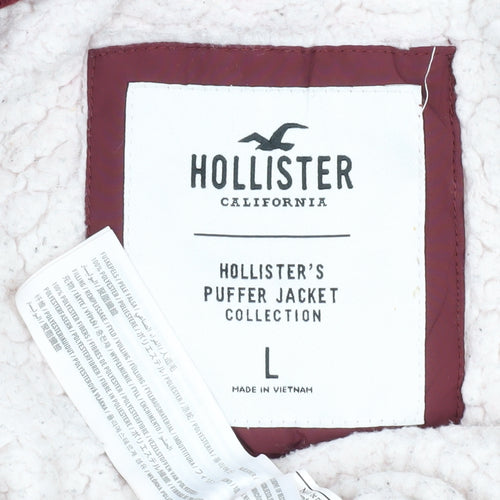 Hollister Women's Red Puffer Jacket L Hooded Lined