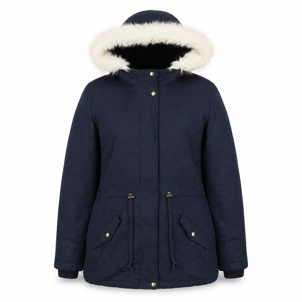 Front view of Oasis Women's Blue Parka Coat, size S, Winter Insulated