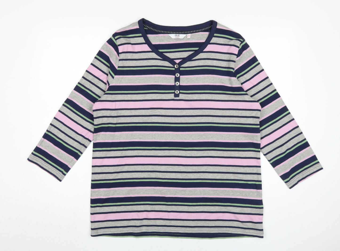 ISLE Women's Multicoloured Striped Henley Tee Size 14