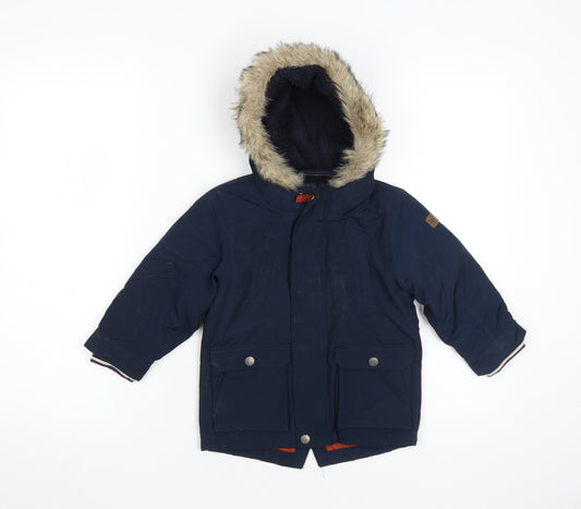 Next Boys Blue Parka Jacket 2-3 Years Hooded Fur Trim