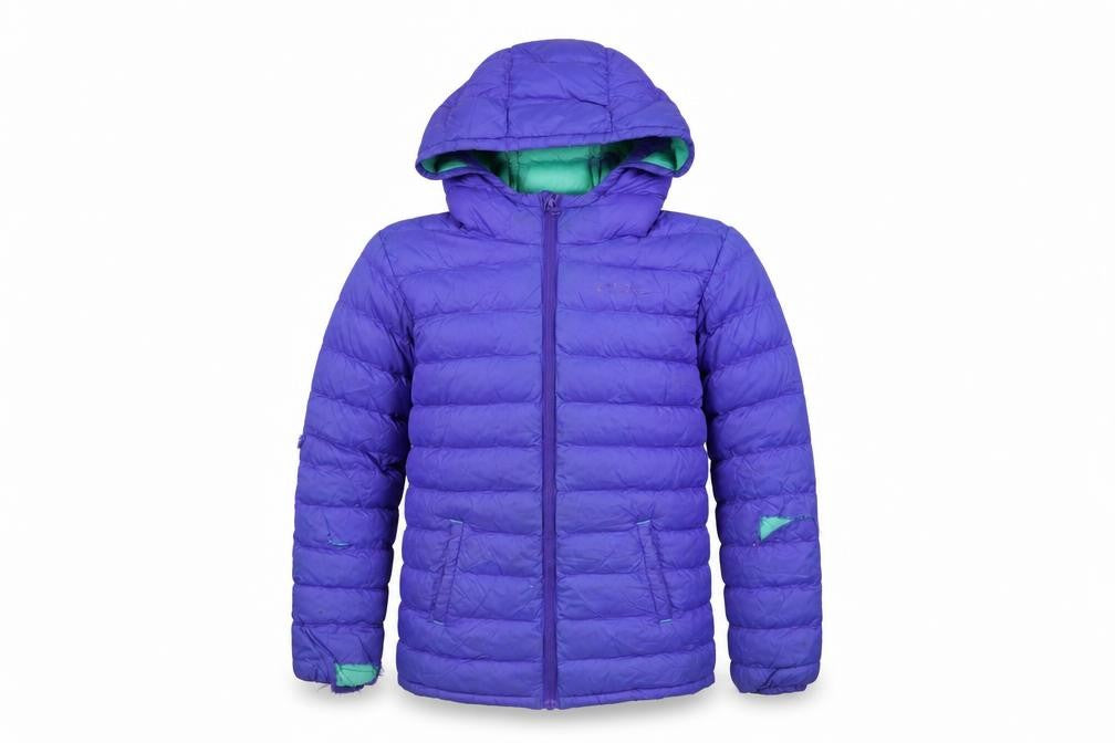 Front view of Mountain Warehouse girls’ purple puffer jacket 9-10 years