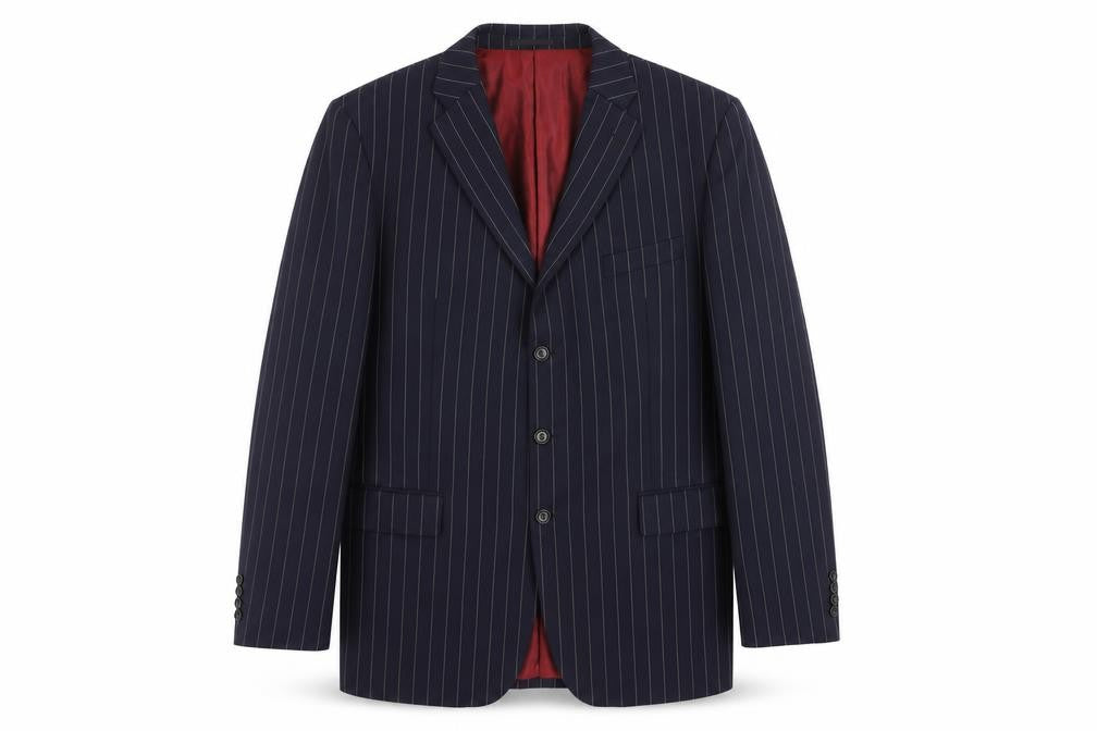 Front view of Howick Men's Blue Striped Classic Fit Wool Blazer 44L