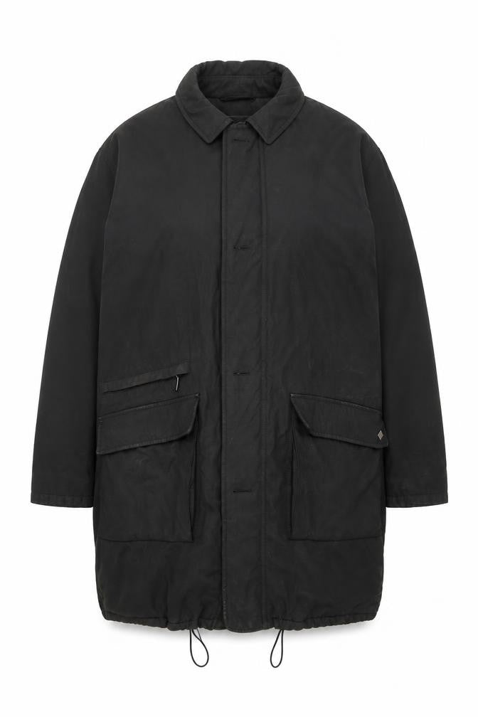 Front view of Bugatti unisex black mid-length overcoat, size 18