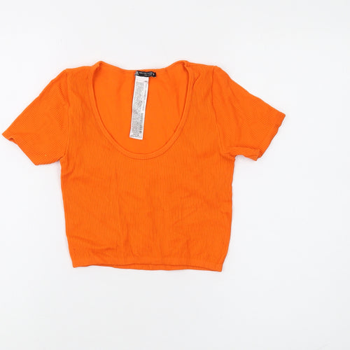 Zara Women's Orange Cropped Slim T-Shirt, Size M