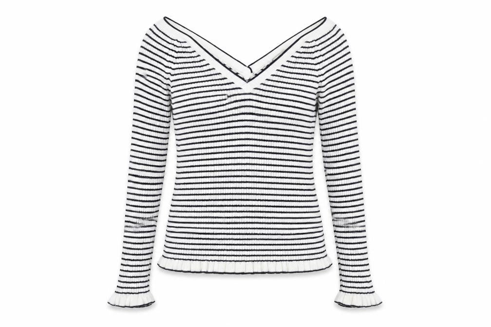 Front view of ASOS Women's Black Striped V-Neck jumper -, size 10