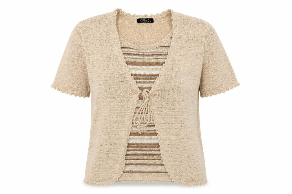 Front view of Bonmarché Women's Beige Short Sleeve Cardigan, size S
