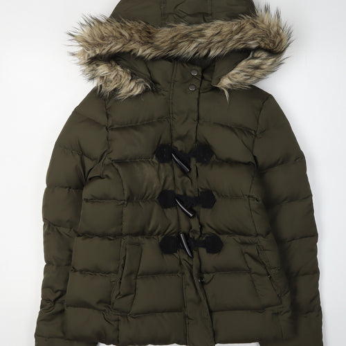 Gap Women's Green Puffer Jacket S - Winter Hooded Fur Trim